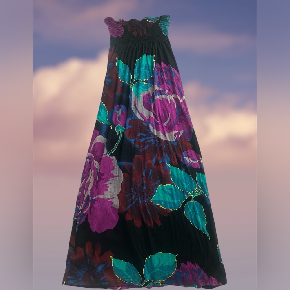 Long floral strapless dress.